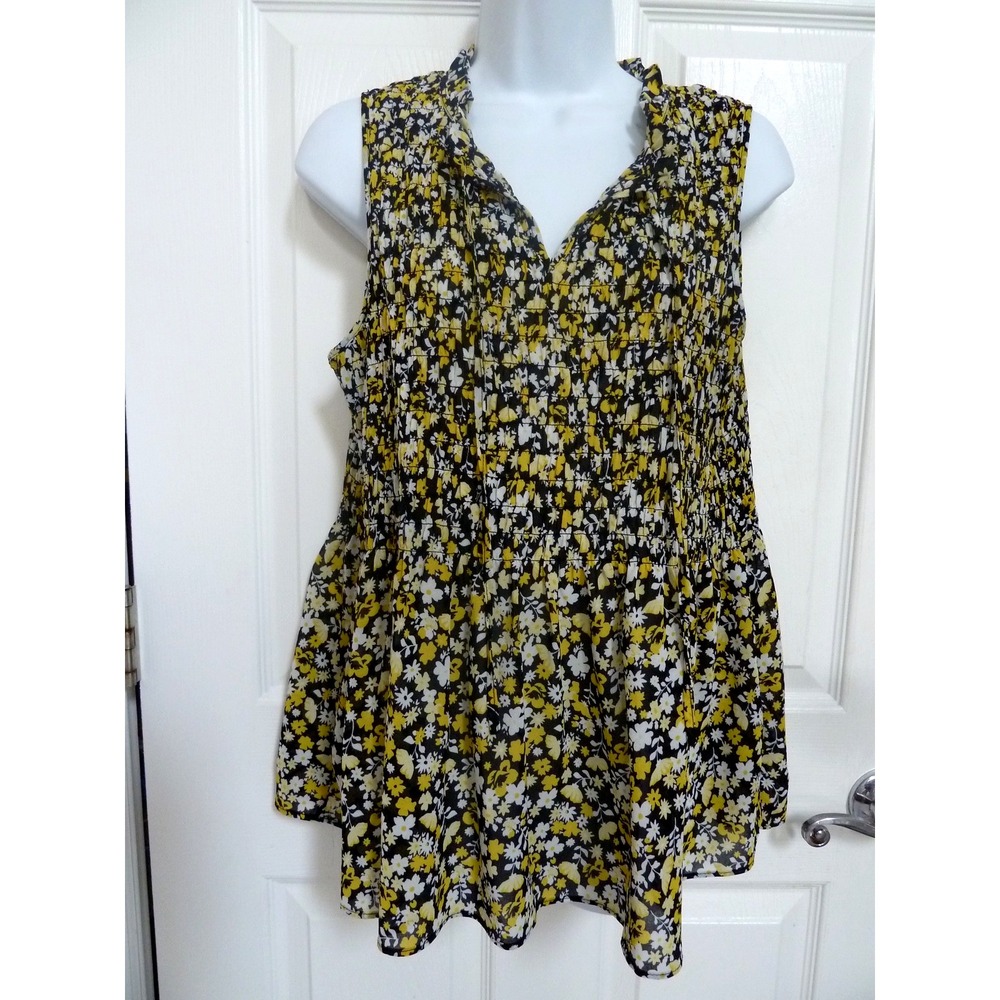 Rose & Olive Smocked Sleeveless Floral Popover Top Ruffle V-Neck Yellow Black M